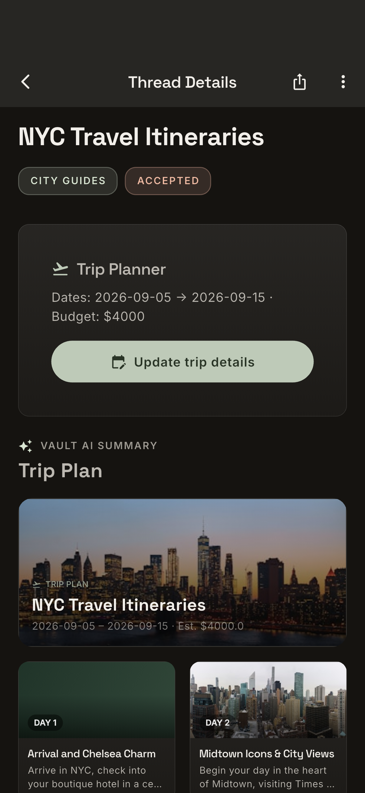 A Kura thread showing a real 10-day AI-written trip itinerary brief